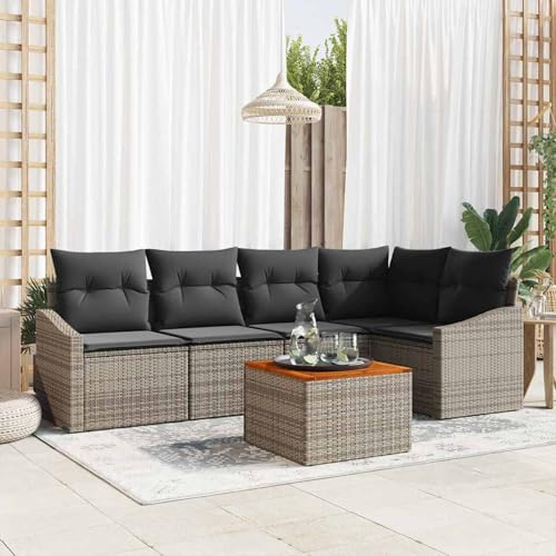 Gecheer 6-teiliges Garten Sofaset mit Kissen Grau Poly-Rattan Akazie, Garten Sitzgruppe Esstisch Essgruppe Gartenmöbel Set für Balkon Terrasse Café-Bereich3347832 von Gecheer