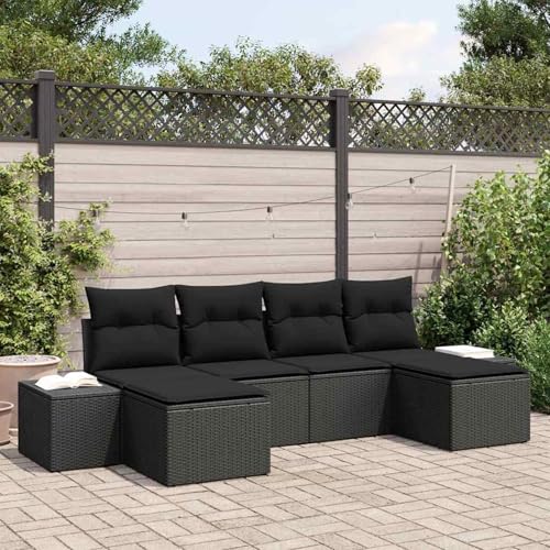 Gecheer 6-teiliges Garten-Sofaset mit Kissen in Schwarz aus Poly-Rattan, Gartenlounge Esstisch Lounge Möbel Set für Outdoor Garten Terrasse Balkon Möbel3347173 von Gecheer
