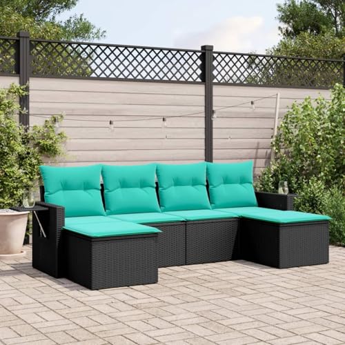Gecheer 6-teiliges Gartensofa-Set mit Kissen, schwarzes Polyrattan, Outdoor Lounge Sitzgruppe zum Entspannen für Terrasse und Garten Modulares3220516 von Gecheer