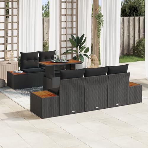 Gecheer 6-teiliges Gartensofa Set mit Kissen Schwarzes Poly-Rattan Gartenlounge Outdoor Gartensofa Sofa Im Freien von Gecheer
