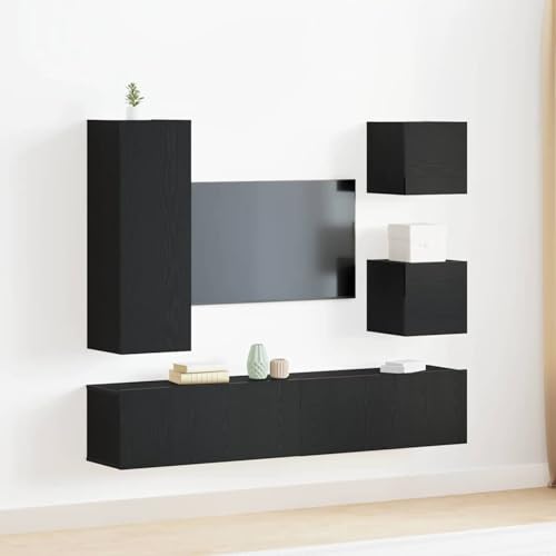 Gecheer 6-teiliges TV-Kabinett-Set Schwarz Eiche Holzwerkstoff, Fernsehschrank Fernsehtisch Wohnwand für Wohnzimmer Home-Cinema Gamerzimmer3393430 von Gecheer