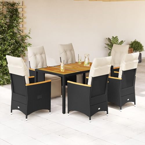Gecheer 7-TLG. Garten-Bistro-Set mit Kissen Schwarz Poly Rattan, Bistrosets Gartenmöbel Set Stuhl Tisch für Terrassen Balkone Café-Ecke3276962 von Gecheer
