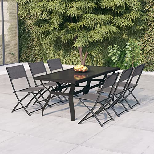 Gecheer 7-TLG. Garten Essgruppe, Terrassenmöbel Set 6 Personen, Esstisch mit Glas-Tischplatte & 6 klappbar Stühle, Sitzgruppe Gartenmöbel Set Wetterfest Grau und Schwarz von Gecheer