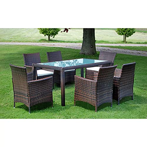 Gecheer 7-TLG. Garten Essgruppe, Terrassenmöbel Set 6 Personen, Sitzgruppe Esstisch mit Glas-Tischplatte & 6 Rattan-Stühle mit Sitzkissen, Gartenmöbel Set Braun von Gecheer