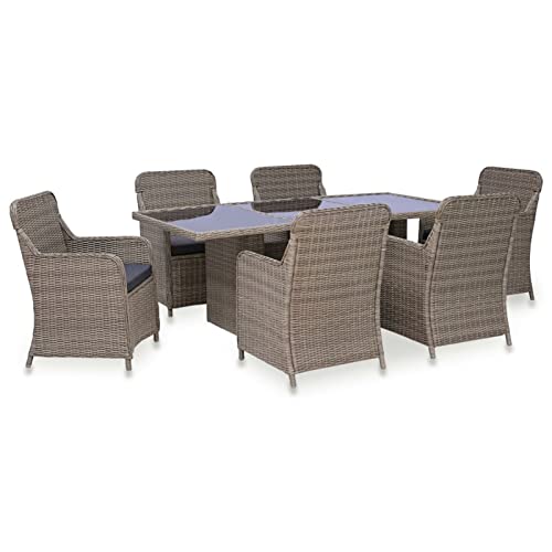 Gecheer 7-TLG. Garten Essgruppe, Terrassenmöbel Set 6 Personen, Sitzgruppe Esstisch mit Glas-Tischplatte & 6 Rattan-Stühle mit Sitzkissen, Gartenmöbel Set Poly Rattan Braun von Gecheer