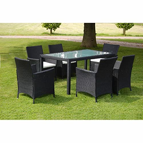 Gecheer 7-TLG. Garten Essgruppe, Terrassenmöbel Set 6 Personen, Sitzgruppe Esstisch mit Glas-Tischplatte & 6 Rattan-Stühle mit Sitzkissen, Gartenmöbel Set Schwarz von Gecheer