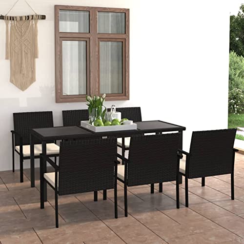 Gecheer 7-TLG. Garten Essgruppe 6 Personen, Terrassenmöbel Set, Sitzgruppe Esstisch mit Glas-Tischplatte & 6 Stühle mit Sitzkissen, Gartenmöbel Set Poly Rattan Schwarz von Gecheer