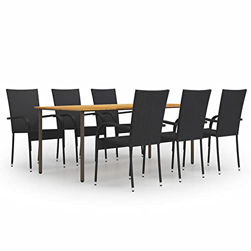 Gecheer 7-TLG. Garten Essgruppe 6 Personen, Terrassenmöbel Set 6 Personen, Sitzgruppe Esstisch mit Holz-Tischplatte & 6 Stapelbar Stühle, Gartenmöbel Set Poly Rattan Schwarz von Gecheer