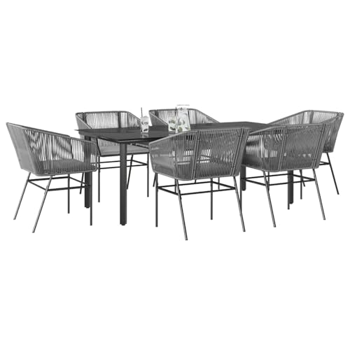 Gecheer 7-TLG. Garten-Essgruppe mit Kissen Grau Poly Rattan Glas, Outdoor Essgruppe Wetterfeste Sitzgruppe Esstisch Stühlen for Terrasse Garten Balkon3334630 von Gecheer