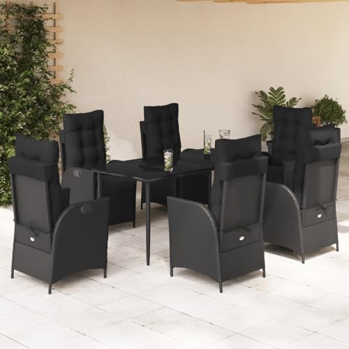 Gecheer 7-TLG. Garten-Essgruppe mit Kissen Schwarz Poly Rattan, Outdoor Essgruppe Wetterfeste Sitzgruppe Esstisch Stühlen for Terrasse Garten Balkon3213396 von Gecheer