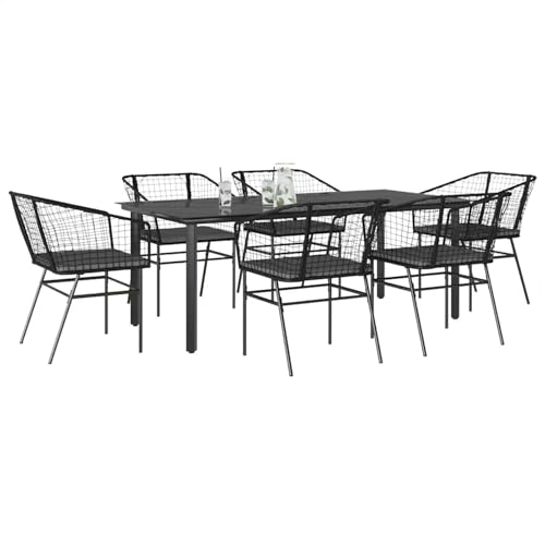 Gecheer 7-TLG. Garten-Essgruppe mit Kissen Schwarz Poly Rattan Glas, Gartenmöbel Set Tisch Stühlen for Balkonmöbel Outdoor-Essbereich und Café3334602 von Gecheer
