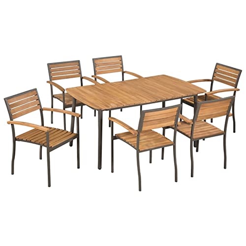 Gecheer 7-TLG. Garten Sitzgruppe Gartenmöbel Set 6 Personen Essgruppe Gartentisch mit Stühle Gartengruppe Sitzgarnitur Gartengarnitur Terassenmöbel Akazie Massivholz und Stahl von Gecheer