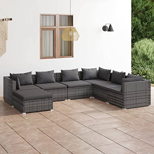 Gecheer 7-TLG. Gartenmöbel Lounge Sofa, Terrassensofa Rattan, Gartenlounge Set Polyrattan, Gartensofa mit Kissen, Balkonlounge Set Rattan Grau von Gecheer