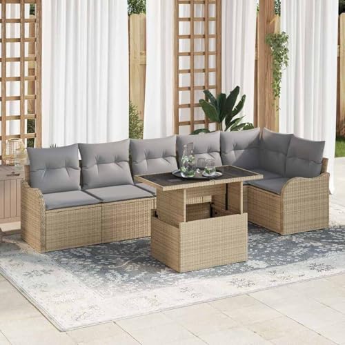 Gecheer 7-Teiliges Garten Sofa Set mit Kissen Beige, 2-Sitzer Garten Sofa mit Kissen Beige Poly Rattan, Gartenlounge Esstisch Lounge Möbel Set für Outdoor Garten Terrasse Balkon Möbel3348476 von Gecheer