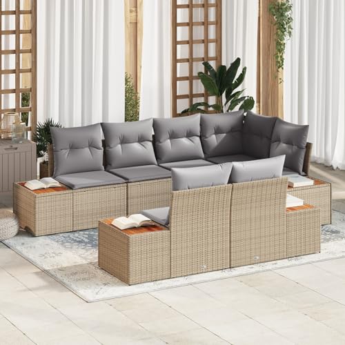 Gecheer 7-teilige Garten Sofa Set mit Kissen Beige Poly Rattan Akazie Gartenlounge Outdoor Gartensofa Sofa Im Freien Gecheer 7-teilige Garten Sofa Set mit Kissen Beige Poly Rattan Akazie Gartenlounge Outdoor Gartensofa Sofa Im Freien von Gecheer