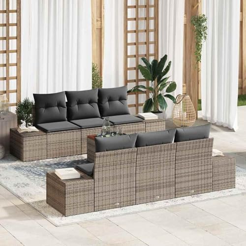 Gecheer 7-teilige Garten Sofaset mit Kissen Grau Poly Rattan Akazie, Gartenlounge Esstisch Lounge Möbel Set für Outdoor Garten Terrasse Balkon Möbel3347902 von Gecheer
