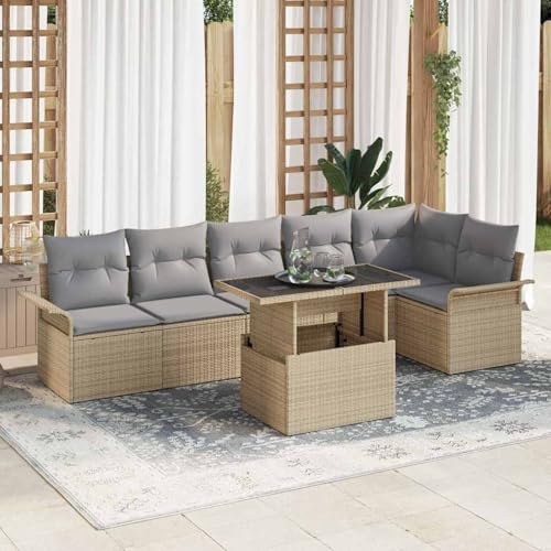 Gecheer 7-teiliges Garten Sofa Set mit Kissen Beige Poly Rattan, Gartenlounge Esstisch Lounge Möbel Set für Outdoor Garten Terrasse Balkon Möbel3348296 von Gecheer