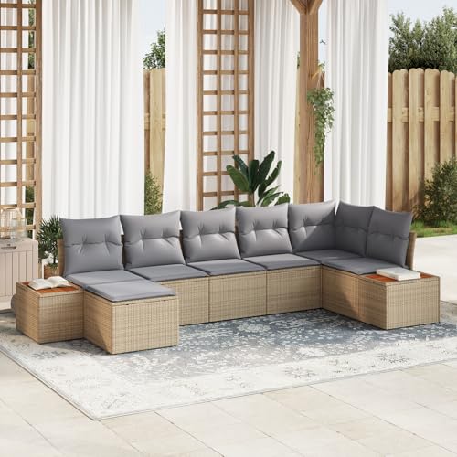 Gecheer 7-teiliges Garten Sofa Set mit Kissen Beige Poly-Rattan Akazie Gartenlounge Outdoor Gartensofa Sofa Im Freien von Gecheer