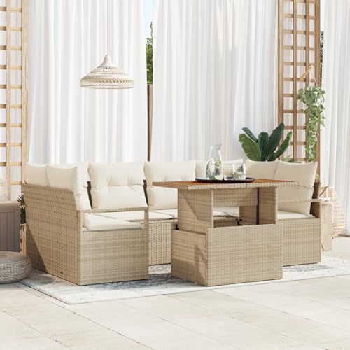 Gecheer 7-teiliges Garten Sofa Set mit Kissen Beige Poly Rattan von Gecheer