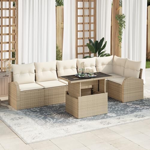 Gecheer 7-teiliges Garten Sofa Set mit Kissen Beige Poly Rattan von Gecheer