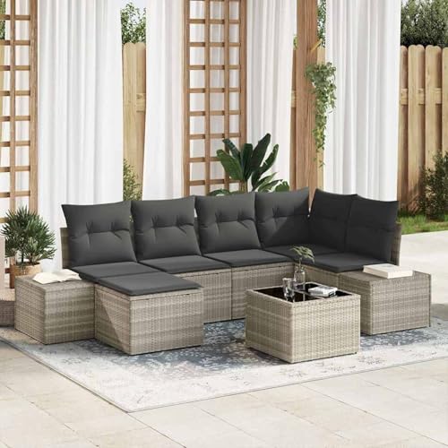 Gecheer 7-teiliges Garten-Sofa-Set mit Kissen Grau Poly-Rattan, Garten Sitzgruppe Esstisch Essgruppe Gartenmöbel Set für Balkon Terrasse Café-Bereich3347142 von Gecheer
