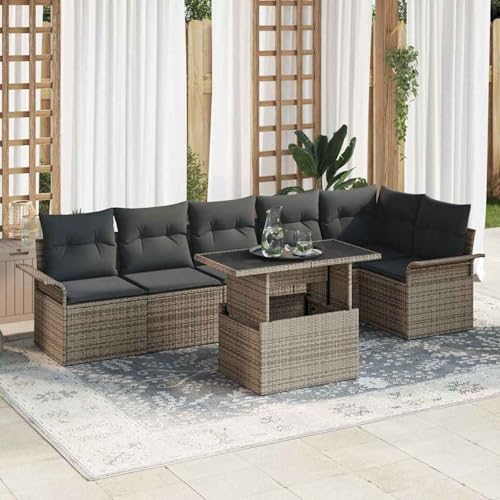 Gecheer 7-teiliges Garten Sofa Set mit Kissen Grau Poly Rattan, Garten Sitzgruppe Esstisch Essgruppe Gartenmöbel Set für Balkon Terrasse Café-Bereich3348295 von Gecheer