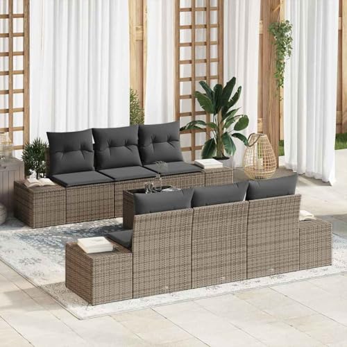 Gecheer 7-teiliges Garten Sofa Set mit Kissen Grau Poly Rattan, Gartenlounge Esstisch Lounge Möbel Set für Outdoor Garten Terrasse Balkon Möbel3346949 von Gecheer