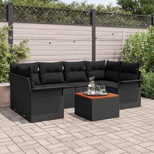 Gecheer 7-teiliges Garten-Sofa-Set mit Kissen Schwarz Poly Rattan Akazie, Garten Sitzgruppe Esstisch Essgruppe Gartenmöbel Set für Balkon Terrasse Café-Bereich3347282 von Gecheer