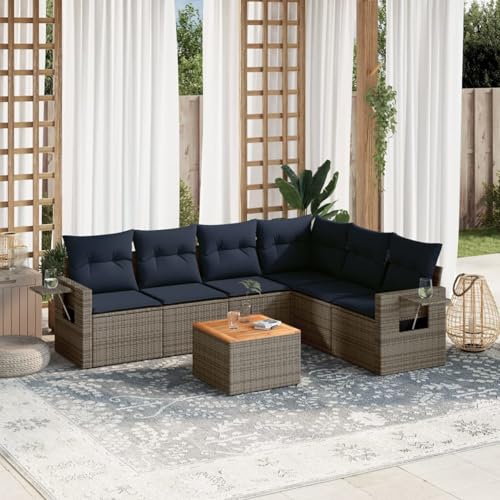 Gecheer 7-teiliges Gartensofa-Set mit Kissen, grau, Polyrattan, Gartenlounge Esstisch Lounge Möbel Set für Outdoor Garten Terrasse Balkon Möbel3224584 von Gecheer