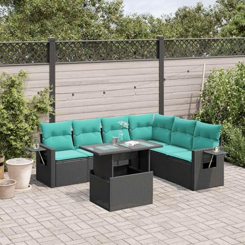 Gecheer 7-teiliges Gartensofa-Set mit Kissen, schwarzes Polyrattan, Gartenlounge Esstisch Lounge Möbel Set für Outdoor Garten Terrasse Balkon Möbel3267927 von Gecheer
