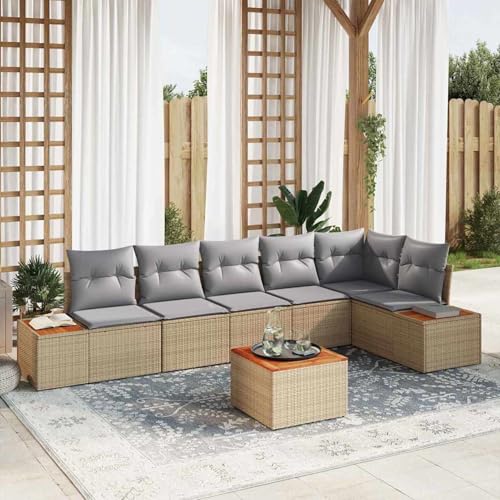 Gecheer 7-teiliges Gartensofa-Set mit Kissen Beige Poly-Rattan, Garten Sitzgruppe Esstisch Essgruppe Gartenmöbel Set für Balkon Terrasse Café-Bereich3348101 von Gecheer