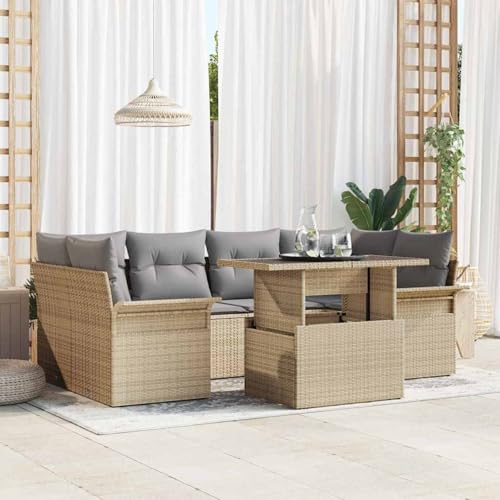 Gecheer 7-teiliges Gartensofa-Set mit Kissen Beige Poly Rattan, Garten Sitzgruppe Esstisch Essgruppe Gartenmöbel Set für Balkon Terrasse Café-Bereich3348216 von Gecheer