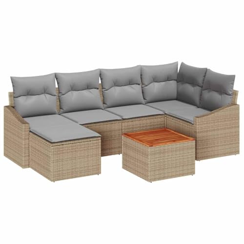 Gecheer 7-teiliges Gartensofa-Set mit Kissen Beige Poly Rattan Akazie, Gartenlounge Esstisch Lounge Möbel Set für Outdoor Garten Terrasse Balkon Möbel3347854 von Gecheer