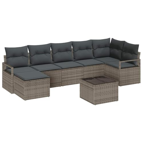 Gecheer 7-teiliges Gartensofa Set mit Kissen Schwarz, 2-Sitzer Gartensofa mit Stauraum und Kissen Grau Poly Rattan, Gartenlounge Esstisch Lounge Möbel Set für Garten Terrasse Balkon Möbel3355148 von Gecheer