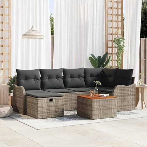Gecheer 7-teiliges Gartensofa-Set mit Kissen in Grau, 2-Sitzer Gartensofa mit Kissen in Grau aus Poly Rattan, Gartenlounge Esstisch Lounge Möbel Set für Outdoor Garten Terrasse Balkon Möbel3359482 von Gecheer