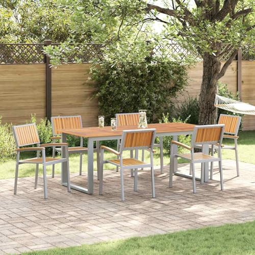 Gecheer 7-teiliges Gartentisch-Set Grau Stahl und Akazienholz, Gartenmöbel Tisch und Stühle Set für Garten Terrasse Café Outdoor Essbereich3284357 von Gecheer