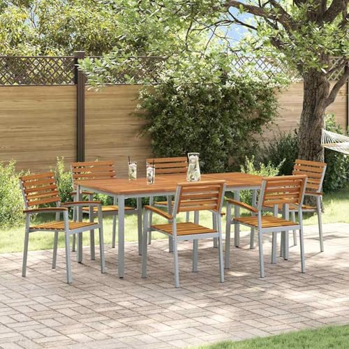 Gecheer 7-teiliges Gartentisch-Set aus massivem Akazienholz und Metall, Garten Essgruppe Sitzgruppe Esstisch Stühlen for Garten Terrasse Balkon3284410 von Gecheer