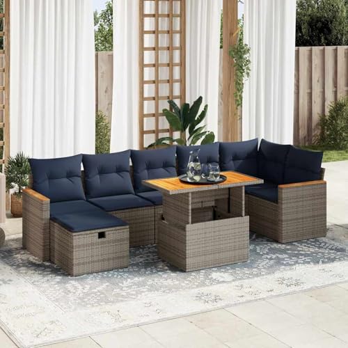 Gecheer 8-TLG. Garten-Sofagarnitur mit Kissen Braun Poly Rattan Akazie, Gartenlounge Esstisch Lounge Möbel Set für Outdoor Garten Terrasse Balkon Möbel von Gecheer