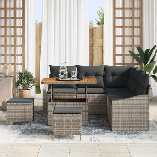 Gecheer 8-TLG. Garten-Sofagarnitur mit Kissen Grau Poly Rattan Akazie, Garten Sitzgruppe Esstisch Essgruppe Gartenmöbel Set für Balkon Terrasse Café-Bereich von Gecheer