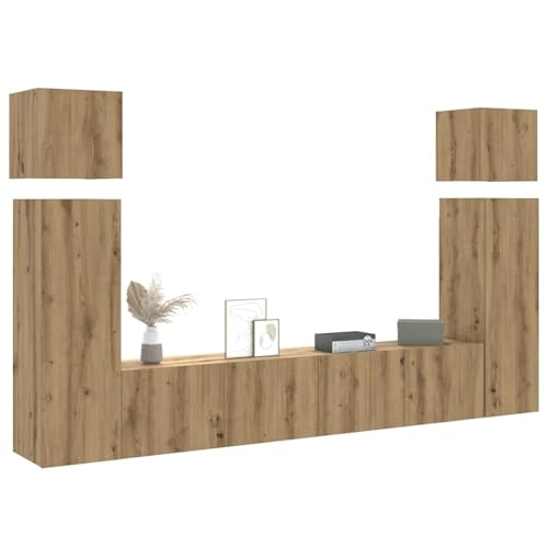 Gecheer 8-TLG. TV-Schrank-Set Wandmontage Artisan-Eiche Holzwerkstoff, Moderne Wohnzimmer Schrankwand für Wohnzimmer Büro Loft-Wohnungen3329010 von Gecheer