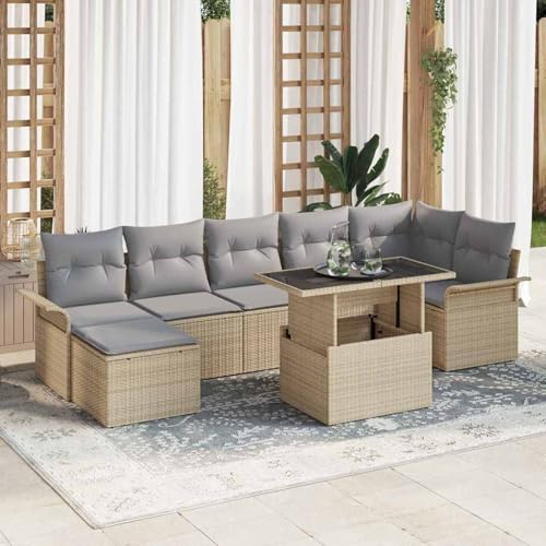 Gecheer 8-teiliges Garten-Sofa-Set mit Kissen Beige Poly Rattan, Gartenlounge Esstisch Lounge Möbel Set für Outdoor Garten Terrasse Balkon Möbel3348326 von Gecheer
