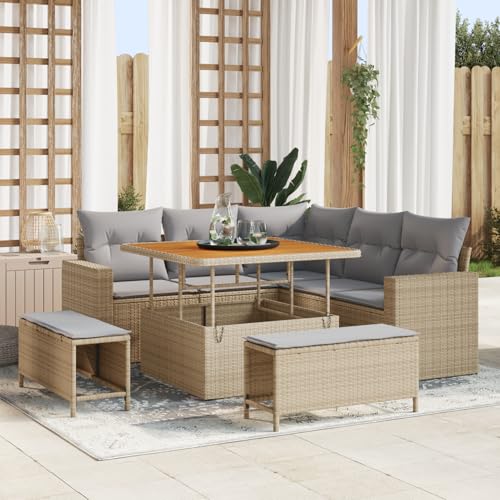 Gecheer 8-teiliges Garten-Sofa-Set mit Kissen Beige Poly Rattan Akazie von Gecheer