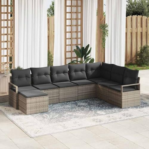 Gecheer 8-teiliges Garten Sofa Set mit Kissen Grau, 2-Sitzer Garten Sofa mit Kissen Grau Poly Rattan, Gartenlounge Esstisch Lounge Möbel Set für Outdoor Garten Terrasse Balkon Möbel3346499 von Gecheer