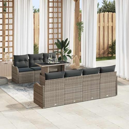 Gecheer 8-teiliges Garten-Sofa-Set mit Kissen Grau, 2-Sitzer Garten-Sofa mit Kissen Grau Poly Rattan, Gartenlounge Esstisch Lounge Möbel Set für Outdoor Garten Terrasse Balkon Möbel3348405 von Gecheer