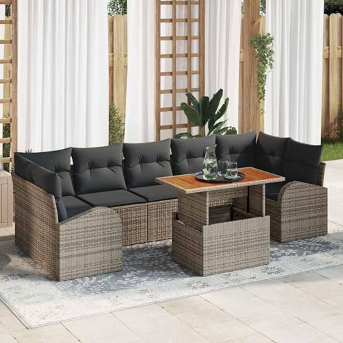 Gecheer 8-teiliges Garten-Sofa-Set mit Kissen Grau, 2-Sitzer Garten-Sofa mit Stauraum & Kissen Grau Poly Rattan, Garten Sitzgruppe Esstisch Essgruppefür Balkon Terrasse Café-Bereich3358288 von Gecheer