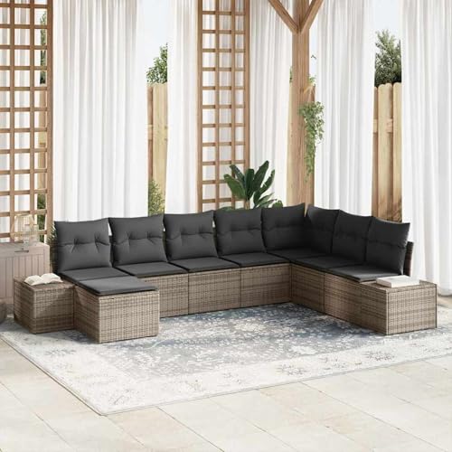 Gecheer 8-teiliges Garten-Sofa-Set mit Kissen Grau Poly-Rattan, Garten Sitzgruppe Esstisch Essgruppe Gartenmöbel Set für Balkon Terrasse Café-Bereich3347179 von Gecheer