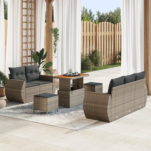 Gecheer 8-teiliges Garten-Sofa-Set mit Kissen Grau Poly Rattan Akazie von Gecheer