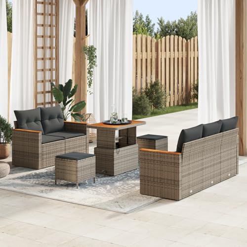 Gecheer 8-teiliges Garten-Sofa-Set mit Kissen Grau Poly-Rattan Akazie von Gecheer