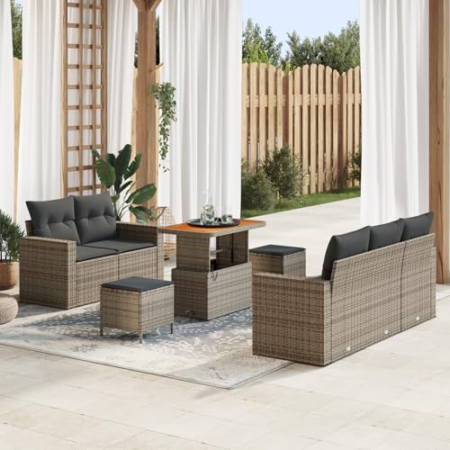 Gecheer 8-teiliges Garten Sofa Set mit Kissen Grau Poly Rattan Akazie von Gecheer