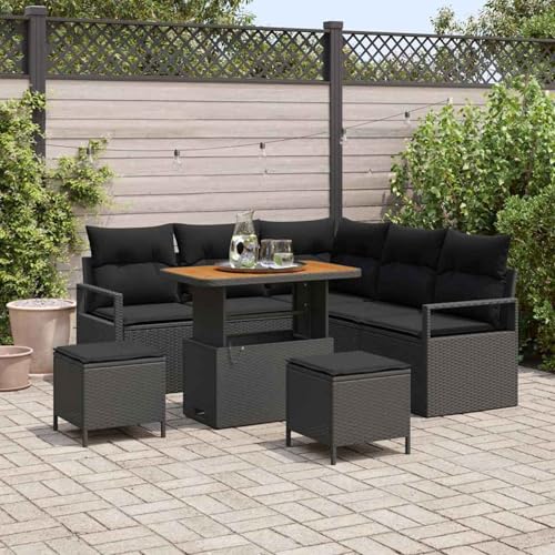 Gecheer 8-teiliges Garten Sofa Set mit Kissen Schwarz, 2-Sitzer Garten Sofa mit Kissen Schwarz, Gartenlounge Esstisch Lounge Möbel Set für Outdoor Garten Terrasse Balkon Möbel3362524 von Gecheer